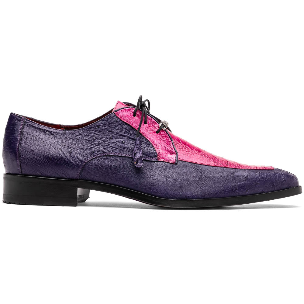 The Andretti Pink / Purple by Marco Di Milano are luxury formal lace-up shoes in purple and bright pink leather with a textured ostrich leg pattern and a metallic shoe tag.