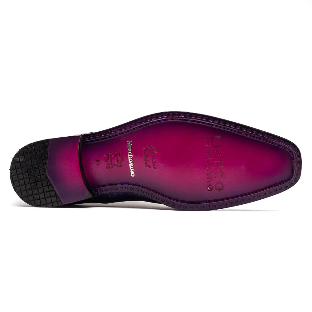 The Andretti Pink / Purple by Marco Di Milano are luxury formal lace-up shoes in purple and bright pink leather with a textured ostrich leg pattern and a metallic shoe tag.