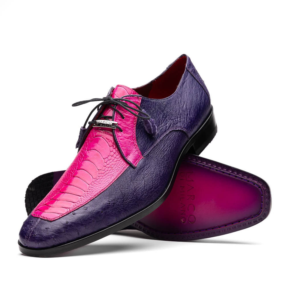 The Andretti Pink / Purple by Marco Di Milano are luxury formal lace-up shoes in purple and bright pink leather with a textured ostrich leg pattern and a metallic shoe tag.