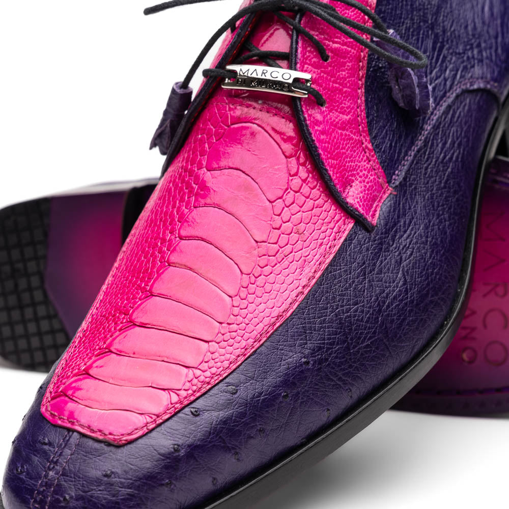 The Andretti Pink / Purple by Marco Di Milano are luxury formal lace-up shoes in purple and bright pink leather with a textured ostrich leg pattern and a metallic shoe tag.