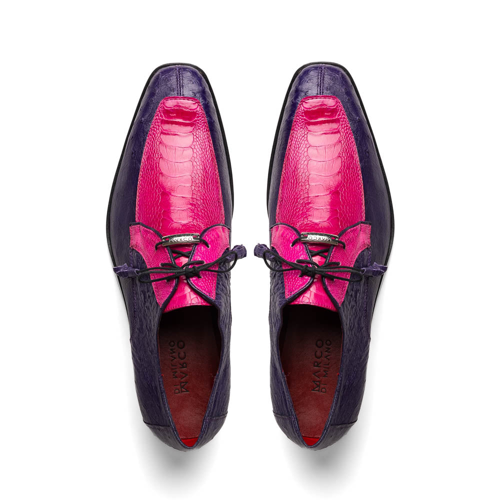 The Andretti Pink / Purple by Marco Di Milano are luxury formal lace-up shoes in purple and bright pink leather with a textured ostrich leg pattern and a metallic shoe tag.