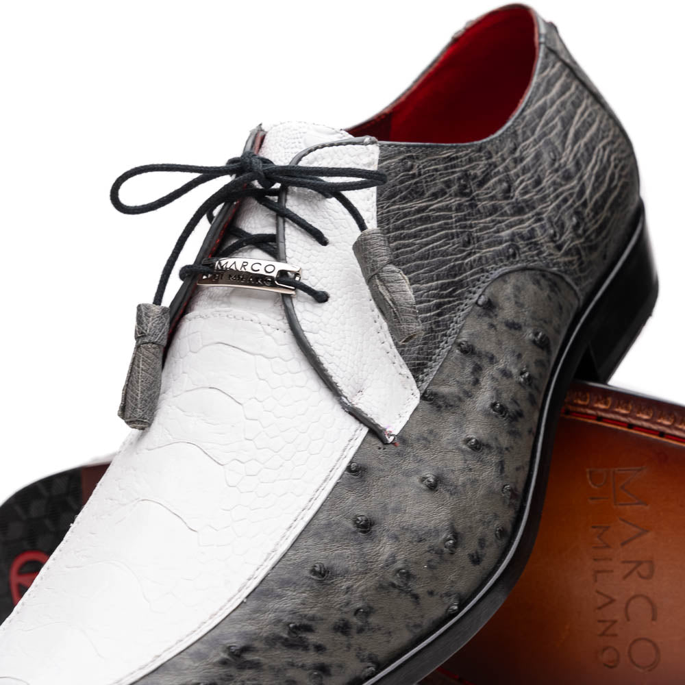 The Marco Di Milano Andretti White / Gray is a luxury men's shoe with a white and grey textured upper, black laces, and a brown leather sole accented by visible stitching.