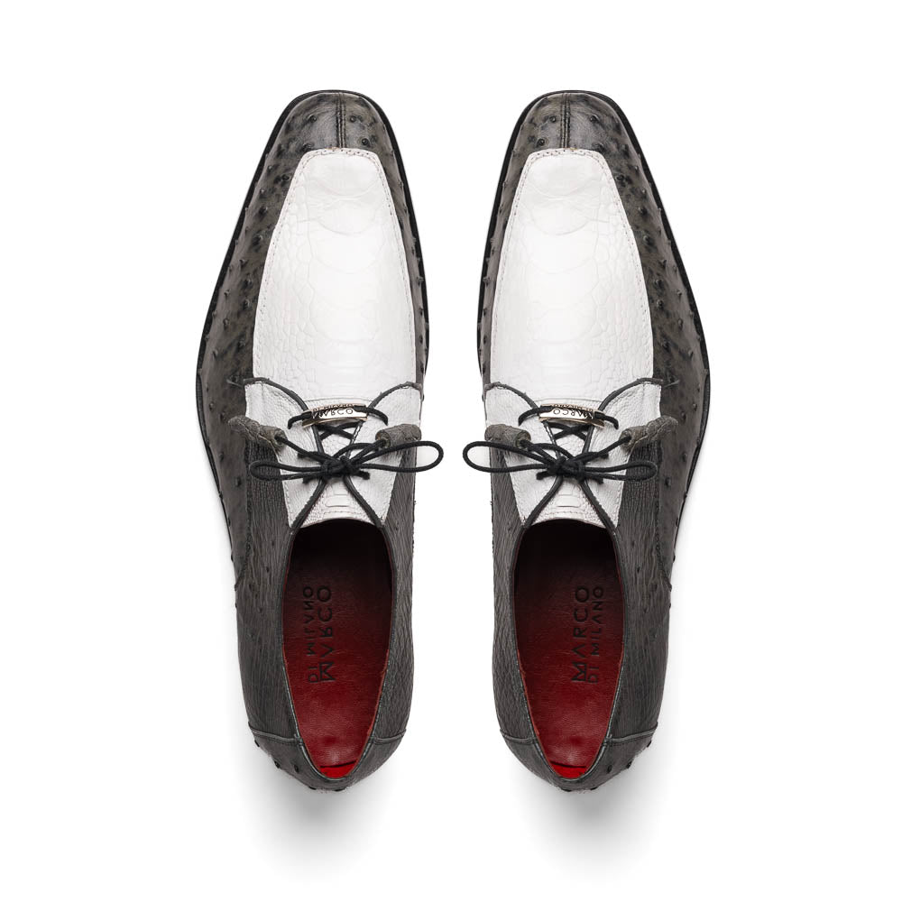 The Marco Di Milano Andretti White / Gray is a luxury men's shoe with a white and grey textured upper, black laces, and a brown leather sole accented by visible stitching.