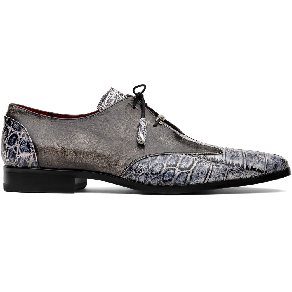 The Anzio Newspaper by Marco Di Milano is a luxury men's shoe with black leather, gray crocodile-pattern texture, brown leather soles, and black laces.