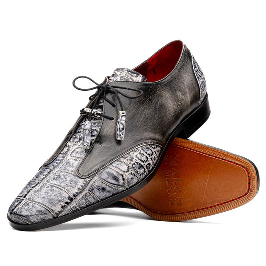 The Anzio Newspaper by Marco Di Milano is a luxury men's shoe with black leather, gray crocodile-pattern texture, brown leather soles, and black laces.