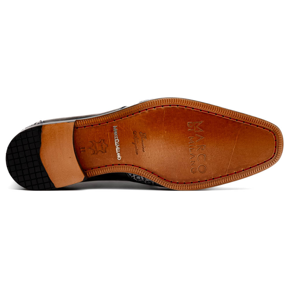The Anzio Newspaper by Marco Di Milano is a luxury men's shoe with black leather, gray crocodile-pattern texture, brown leather soles, and black laces.
