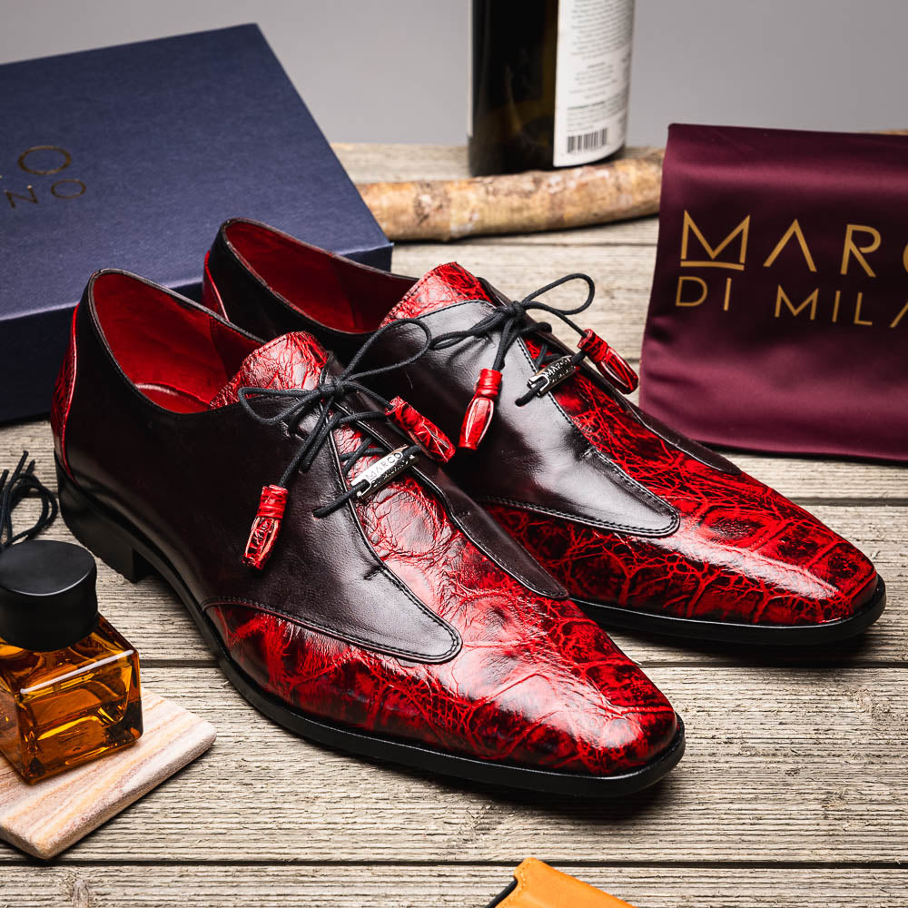 The Marco Di Milano Anzio BlackCherry men’s dress shoes feature a red and black textured leather upper, black laces, and tan leather soles—ideal for those seeking luxury footwear.