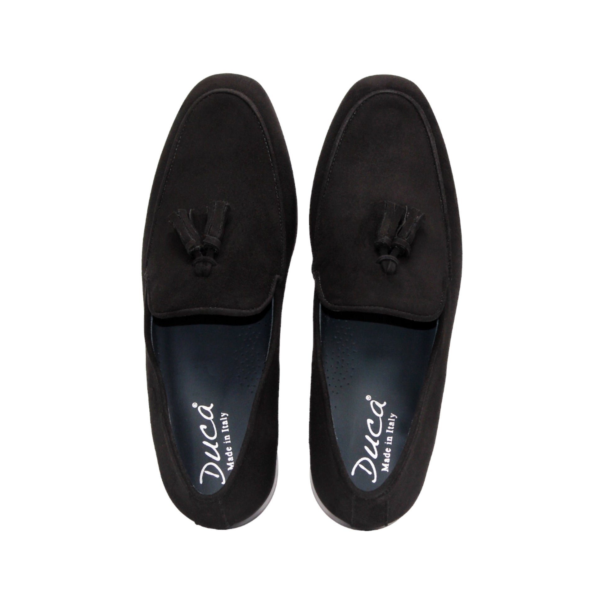 The Duca Di Matiste Duca Anzio Black loafer features premium black suede, a tassel detail, low heel, and rounded toe, shown in a side profile on a white background.