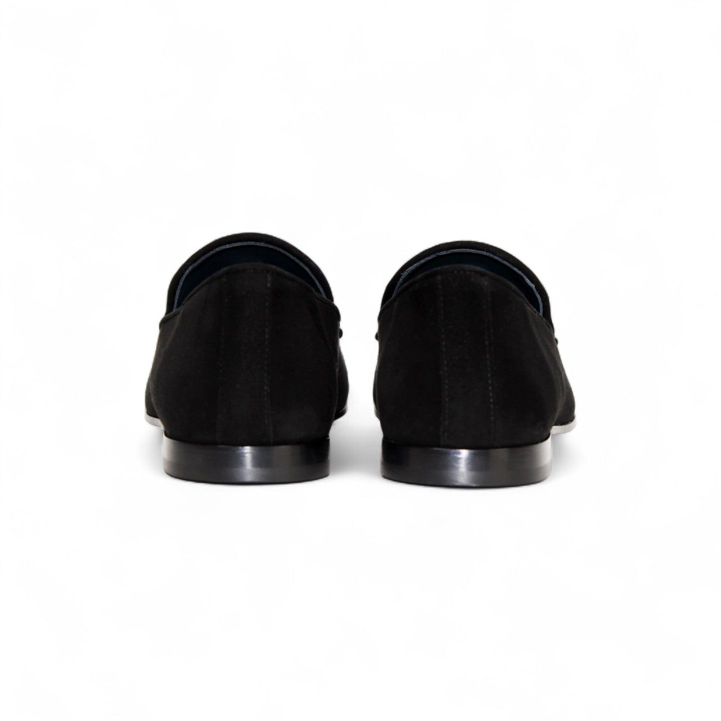 The Duca Di Matiste Duca Anzio Black loafer features premium black suede, a tassel detail, low heel, and rounded toe, shown in a side profile on a white background.