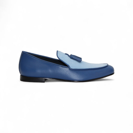 The Duca Di Matiste Duca Anzio Navy/Light Blue is a blue leather loafer with a light blue upper panel and tassel detail, suede bottom, shown in profile on a white background.