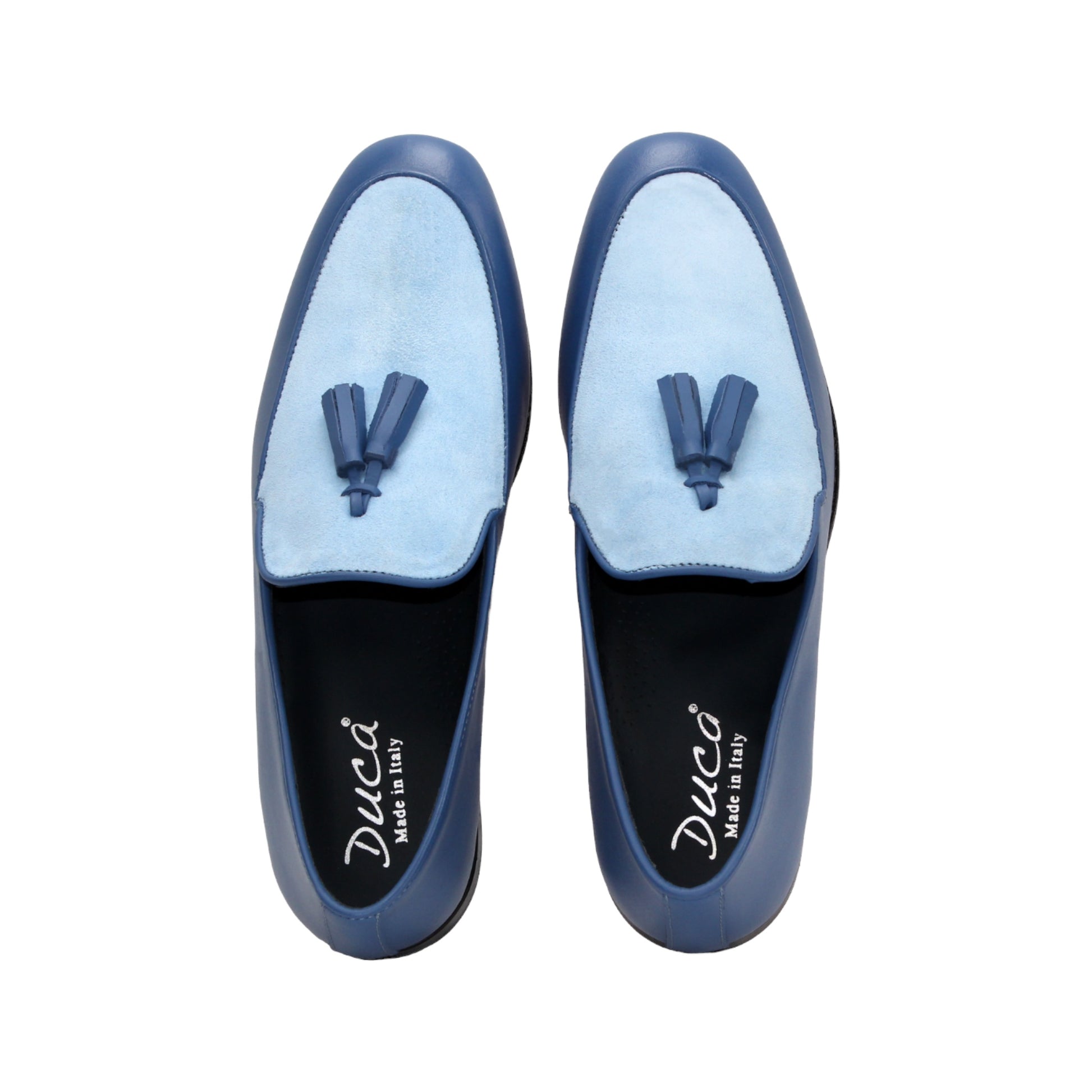 The Duca Di Matiste Duca Anzio Navy/Light Blue is a blue leather loafer with a light blue upper panel and tassel detail, suede bottom, shown in profile on a white background.