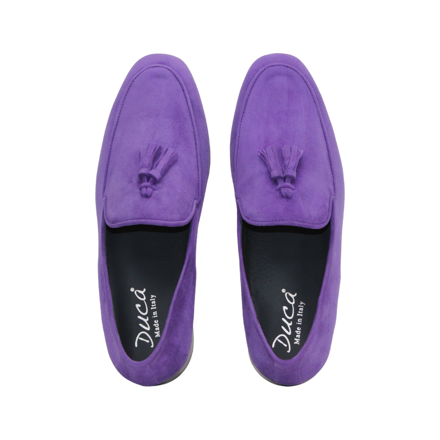 The Duca Di Matiste Duca Anzio Purple is a single Italian-made suede loafer with tassel detail, shown in side profile against a white background.