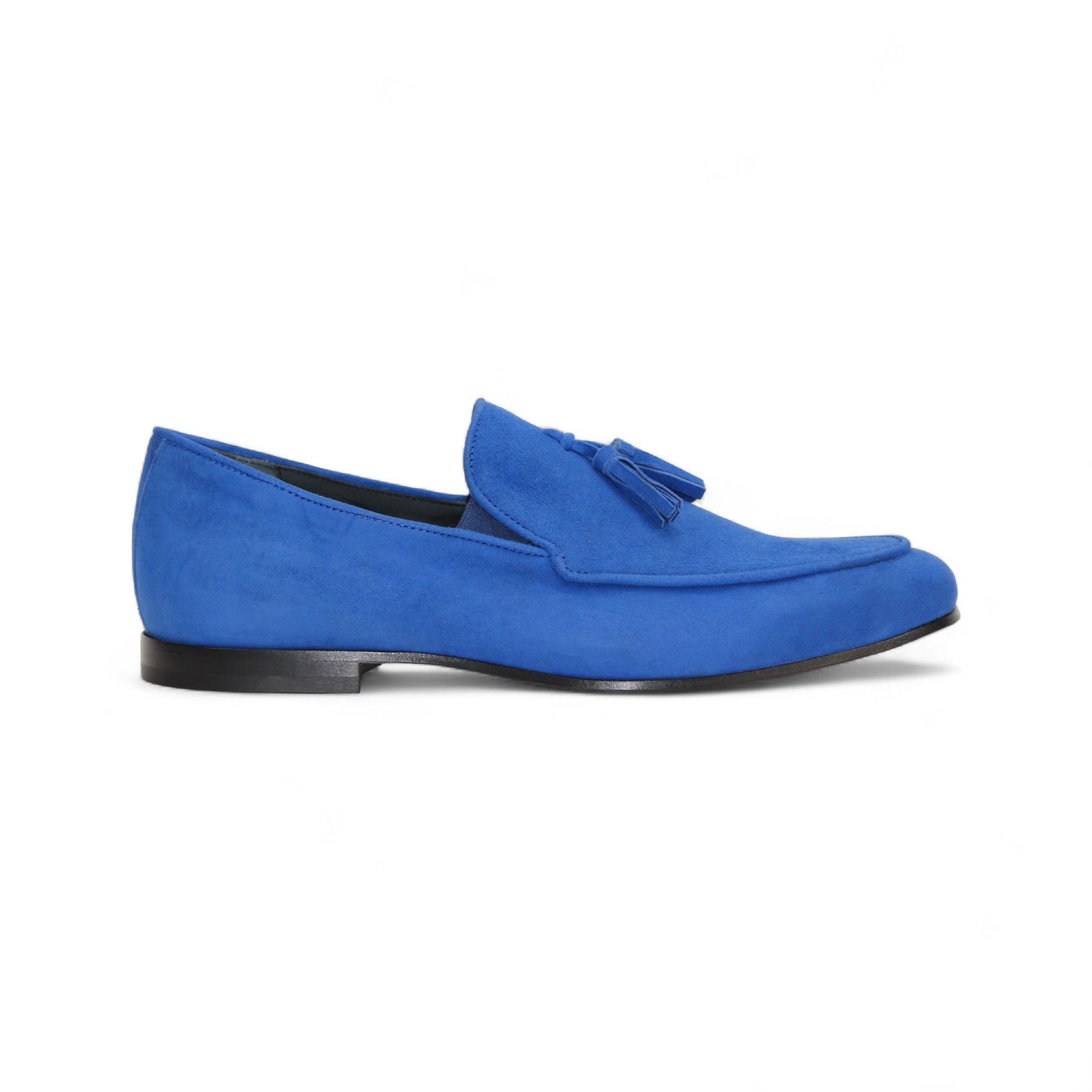 The Duca Di Matiste Duca Anzio Saphire is a blue suede loafer with tassel detailing and a leather sole, made in Italy, shown from the side against a white background.