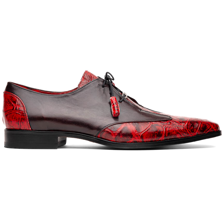 The Marco Di Milano Anzio BlackCherry men’s dress shoes feature a red and black textured leather upper, black laces, and tan leather soles—ideal for those seeking luxury footwear.