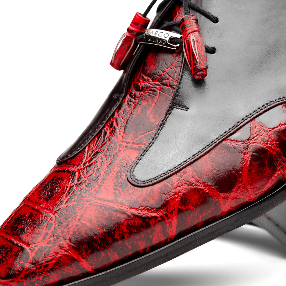 The Marco Di Milano Anzio BlackCherry men’s dress shoes feature a red and black textured leather upper, black laces, and tan leather soles—ideal for those seeking luxury footwear.