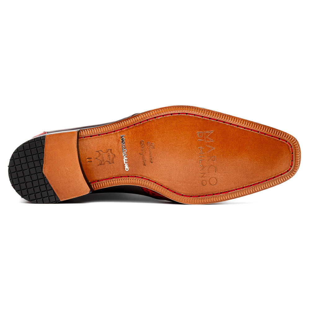 The Marco Di Milano Anzio BlackCherry men’s dress shoes feature a red and black textured leather upper, black laces, and tan leather soles—ideal for those seeking luxury footwear.