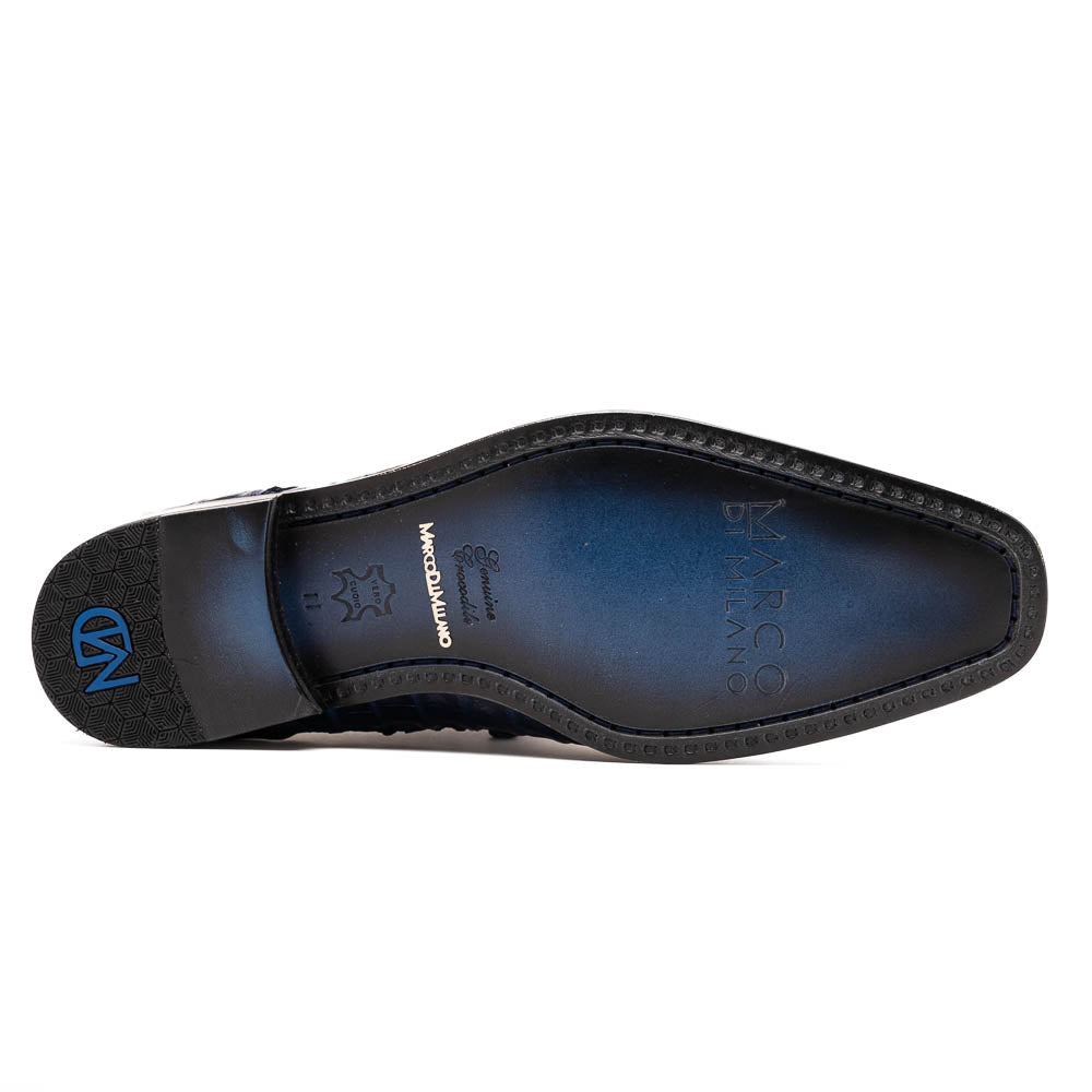 A pair of Marco Di Milano Apricena Midnight Blue caiman crocodile derby shoes, one upright and the other on its side showing the sole, with black laces for a luxury dress look.