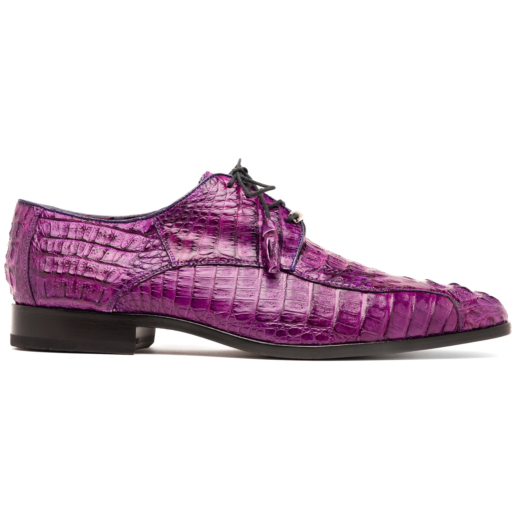 The Marco Di Milano Apricena Purple shoes feature genuine caiman crocodile leather, black laces, and a polished finish—one upright and one showing the sole—making them an exquisite luxury derby choice.