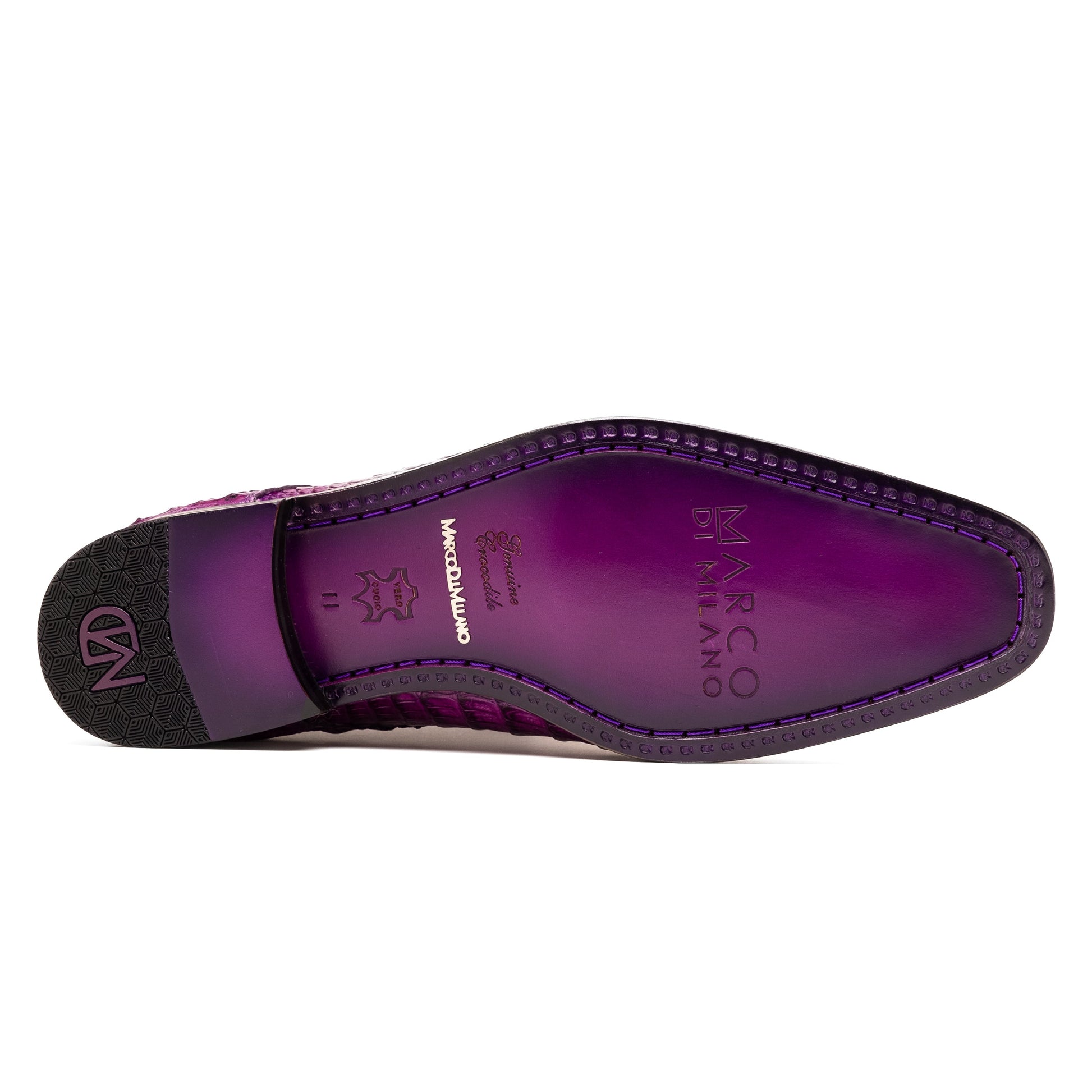 The Marco Di Milano Apricena Purple shoes feature genuine caiman crocodile leather, black laces, and a polished finish—one upright and one showing the sole—making them an exquisite luxury derby choice.