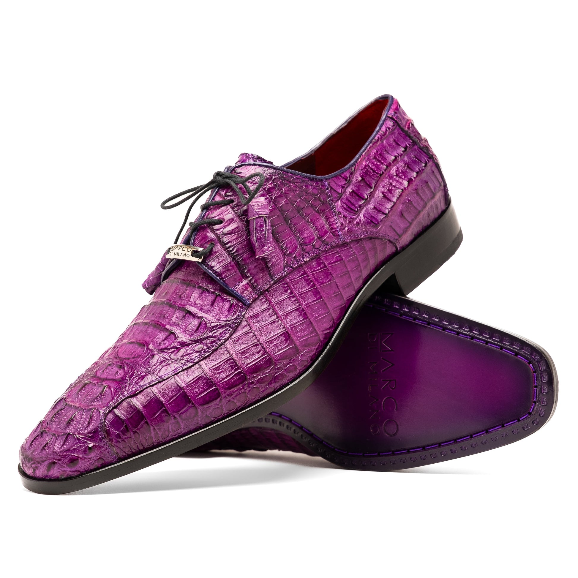 The Marco Di Milano Apricena Purple shoes feature genuine caiman crocodile leather, black laces, and a polished finish—one upright and one showing the sole—making them an exquisite luxury derby choice.