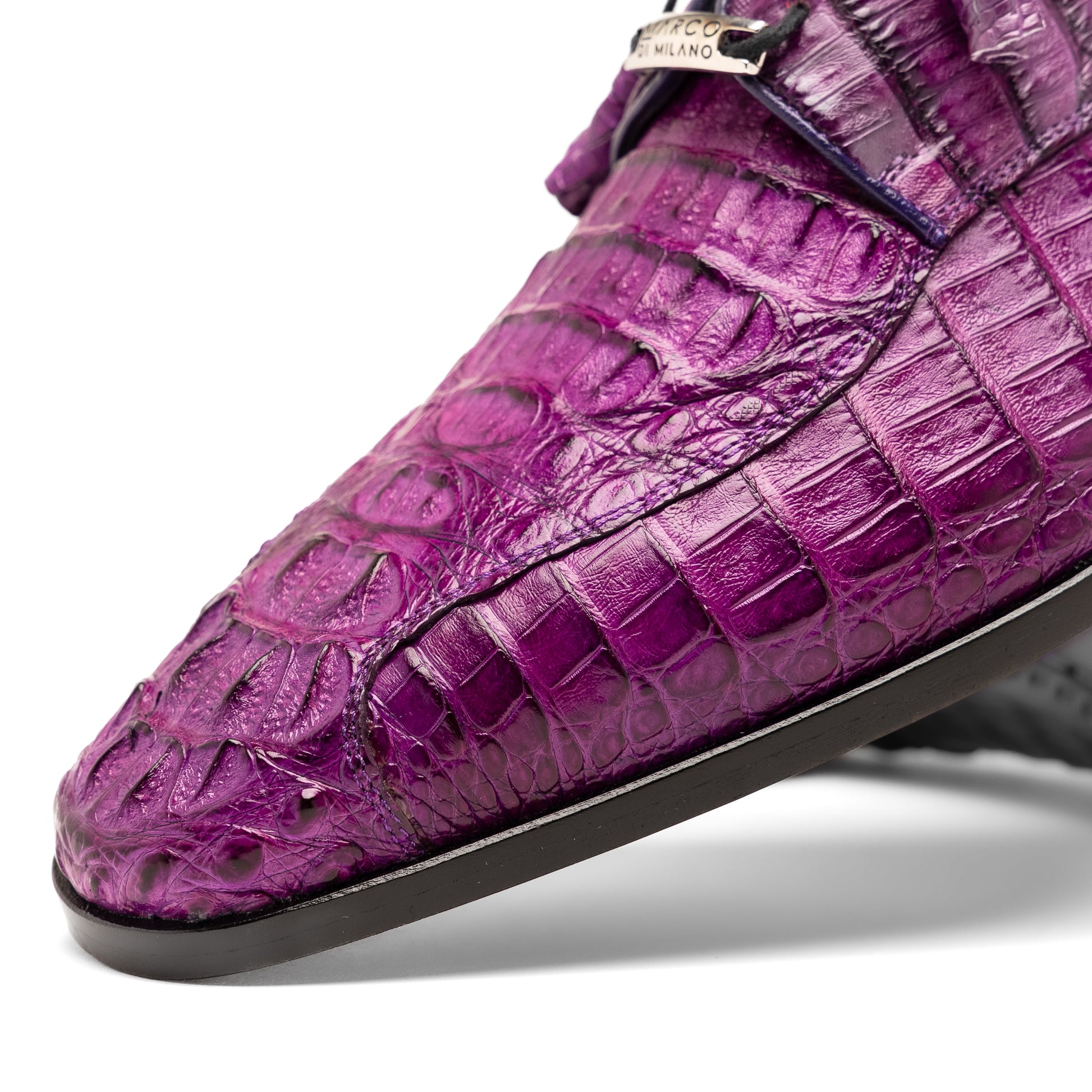 The Marco Di Milano Apricena Purple shoes feature genuine caiman crocodile leather, black laces, and a polished finish—one upright and one showing the sole—making them an exquisite luxury derby choice.