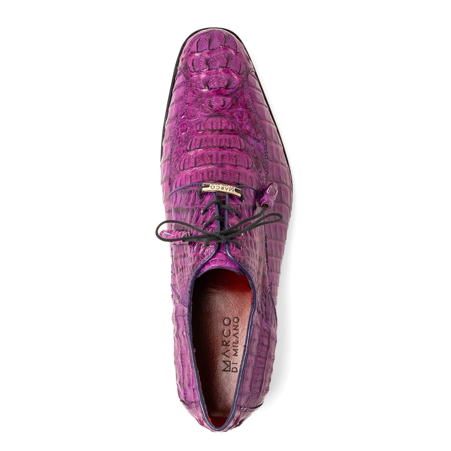 The Marco Di Milano Apricena Purple shoes feature genuine caiman crocodile leather, black laces, and a polished finish—one upright and one showing the sole—making them an exquisite luxury derby choice.