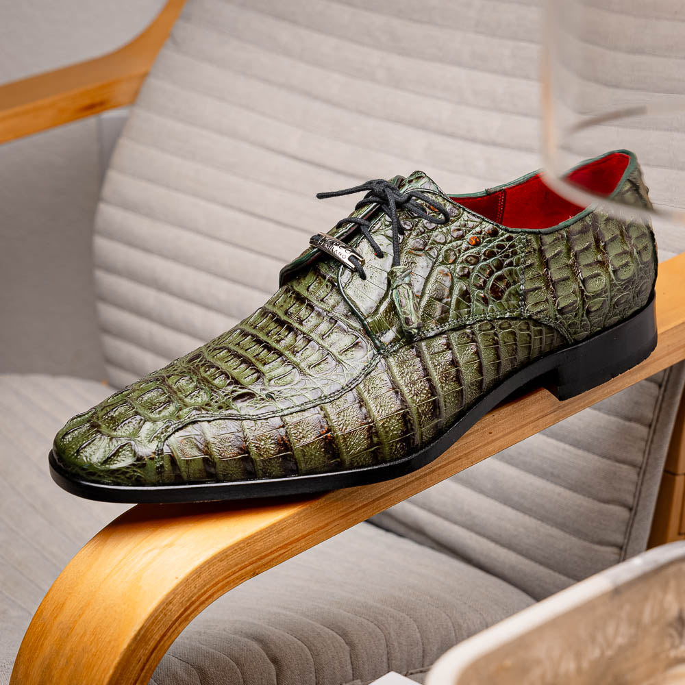 The Apricena Woodgreen by Marco Di Milano features genuine caiman leather in green, black laces, a red inner lining, and brown leather soles—ideal for a luxury dress derby style.