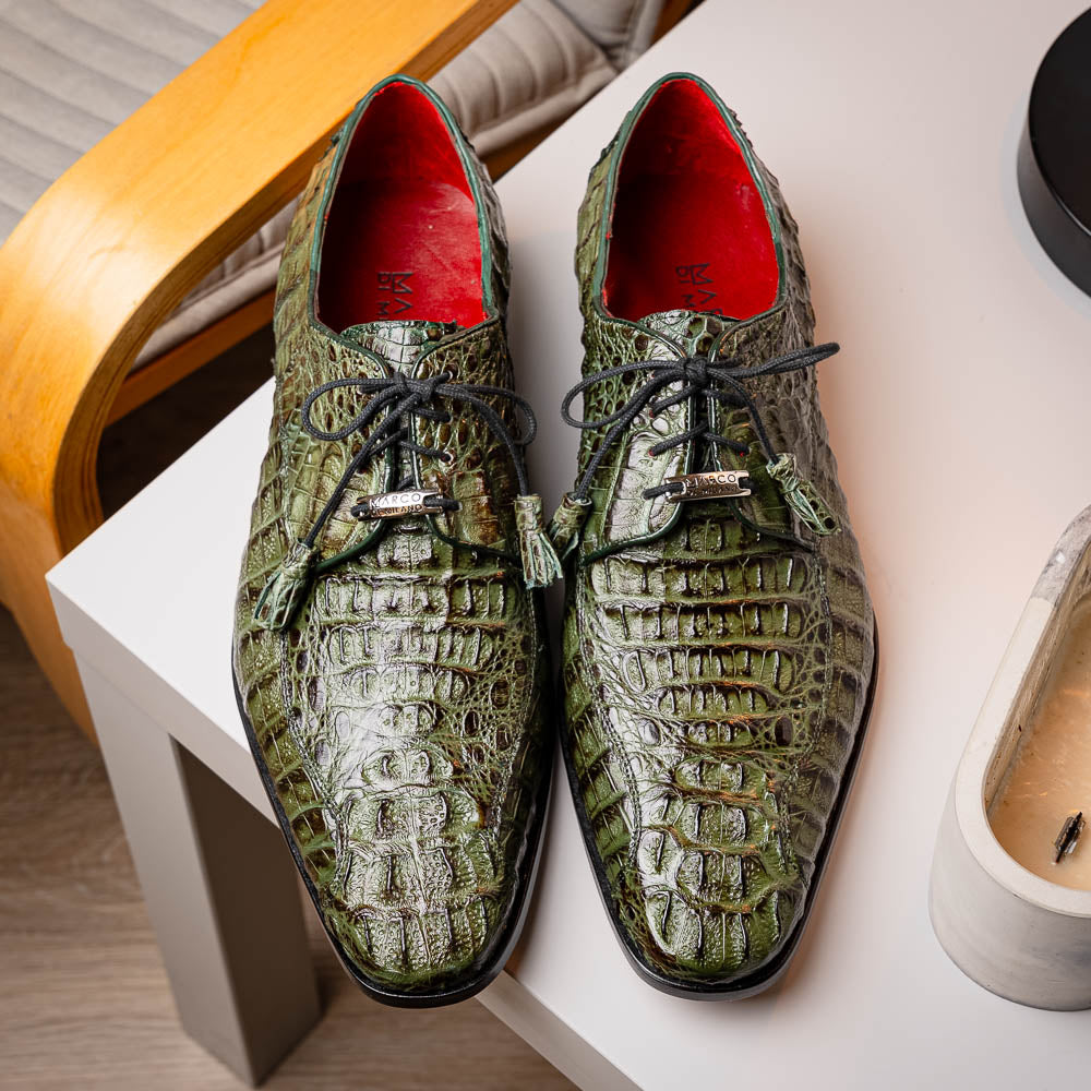 The Apricena Woodgreen by Marco Di Milano features genuine caiman leather in green, black laces, a red inner lining, and brown leather soles—ideal for a luxury dress derby style.