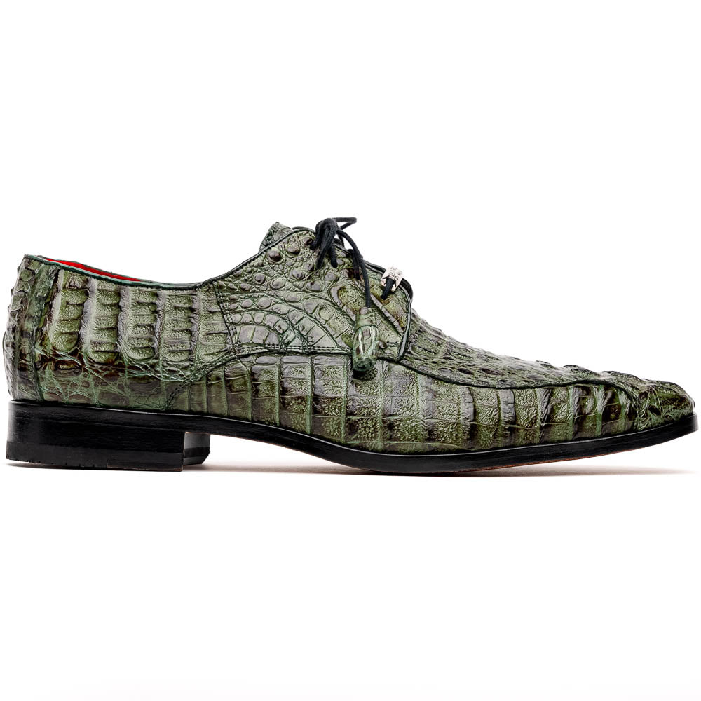 The Apricena Woodgreen by Marco Di Milano features genuine caiman leather in green, black laces, a red inner lining, and brown leather soles—ideal for a luxury dress derby style.