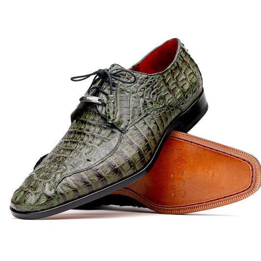 The Apricena Woodgreen by Marco Di Milano features genuine caiman leather in green, black laces, a red inner lining, and brown leather soles—ideal for a luxury dress derby style.