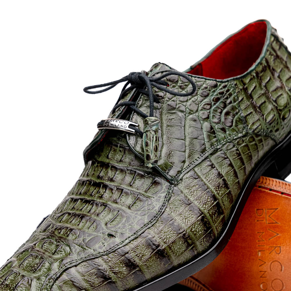 The Apricena Woodgreen by Marco Di Milano features genuine caiman leather in green, black laces, a red inner lining, and brown leather soles—ideal for a luxury dress derby style.