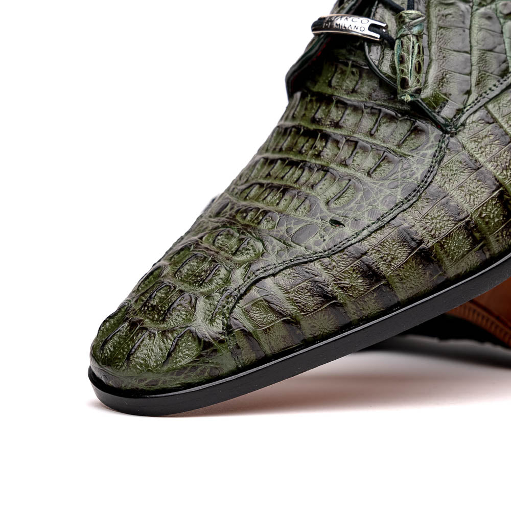The Apricena Woodgreen by Marco Di Milano features genuine caiman leather in green, black laces, a red inner lining, and brown leather soles—ideal for a luxury dress derby style.