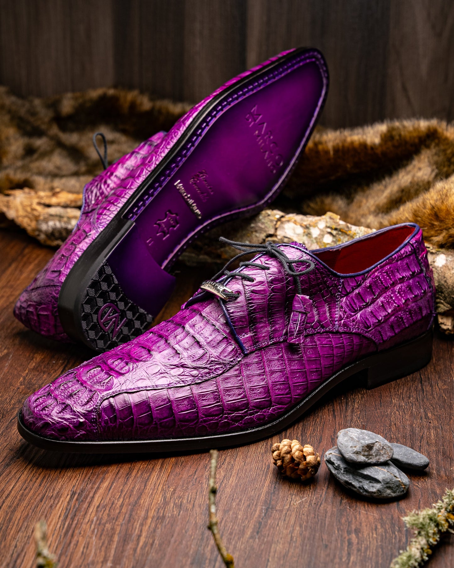 The Marco Di Milano Apricena Purple shoes feature genuine caiman crocodile leather, black laces, and a polished finish—one upright and one showing the sole—making them an exquisite luxury derby choice.