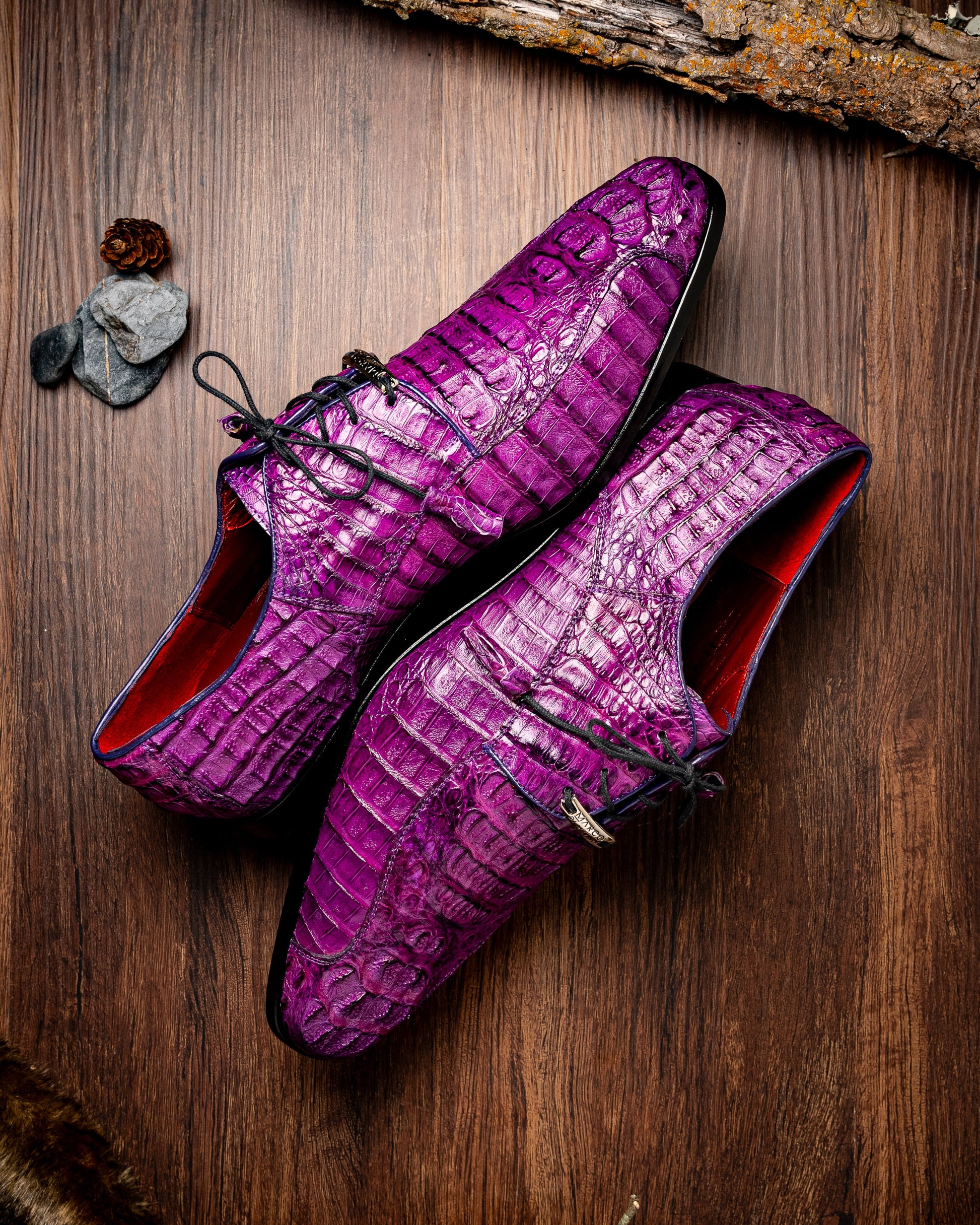 The Marco Di Milano Apricena Purple shoes feature genuine caiman crocodile leather, black laces, and a polished finish—one upright and one showing the sole—making them an exquisite luxury derby choice.