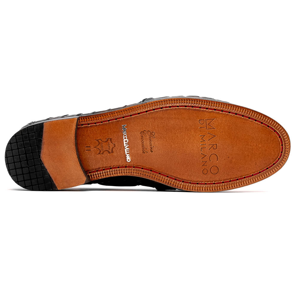 A pair of Marco Di Milano Apricena Black luxury men's dress shoes in genuine caiman crocodile leather with red interior lining and tan leather soles—one upright, the other lying stylishly on its side.