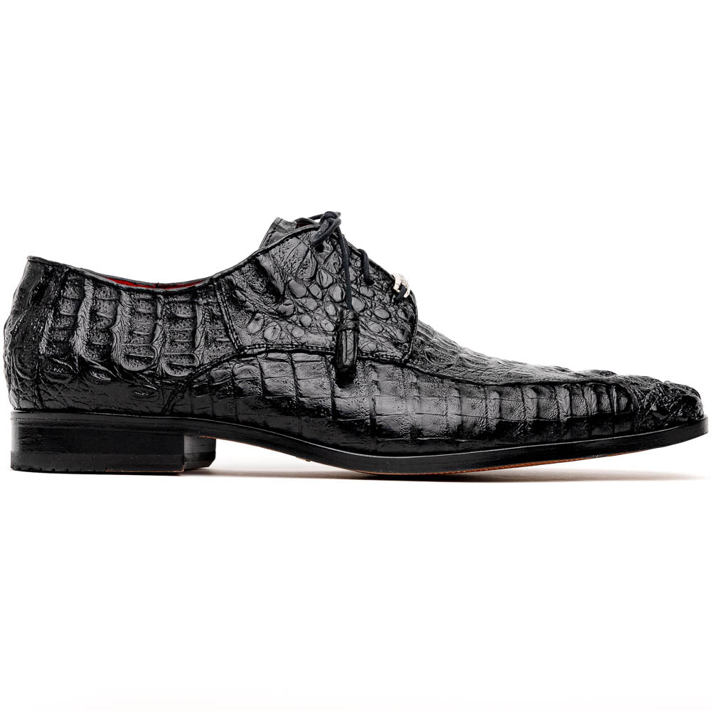 A pair of Marco Di Milano Apricena Black luxury men's dress shoes in genuine caiman crocodile leather with red interior lining and tan leather soles—one upright, the other lying stylishly on its side.