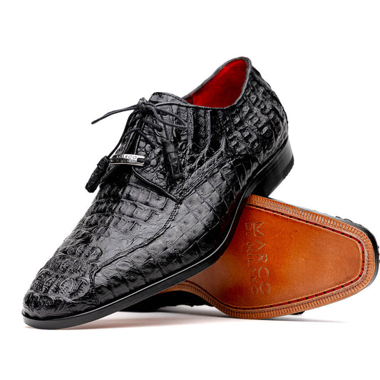 A pair of Marco Di Milano Apricena Black luxury men's dress shoes in genuine caiman crocodile leather with red interior lining and tan leather soles—one upright, the other lying stylishly on its side.