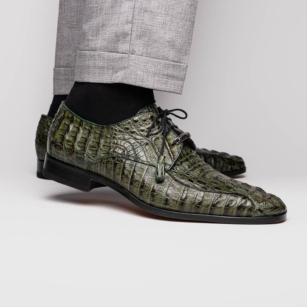 The Apricena Woodgreen by Marco Di Milano features genuine caiman leather in green, black laces, a red inner lining, and brown leather soles—ideal for a luxury dress derby style.