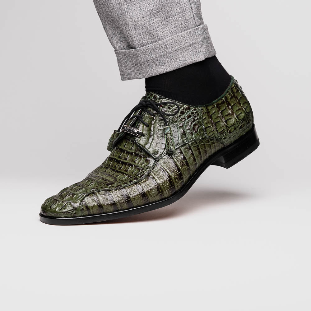 The Apricena Woodgreen by Marco Di Milano features genuine caiman leather in green, black laces, a red inner lining, and brown leather soles—ideal for a luxury dress derby style.