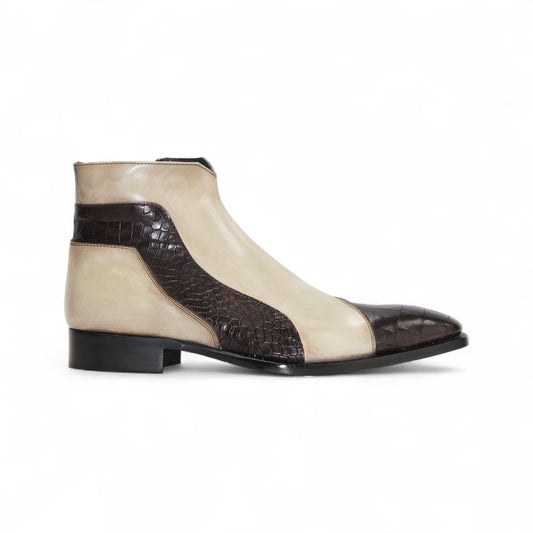 The Duca Di Matiste Duca Aprilia Chocolate/Beige is a low-heeled ankle boot with beige and dark brown crocodile-textured Italian leather on the toe and side, shown against a white background.