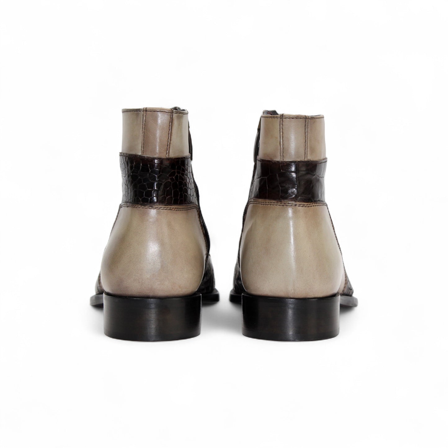 The Duca Di Matiste Duca Aprilia Chocolate/Beige is a low-heeled ankle boot with beige and dark brown crocodile-textured Italian leather on the toe and side, shown against a white background.