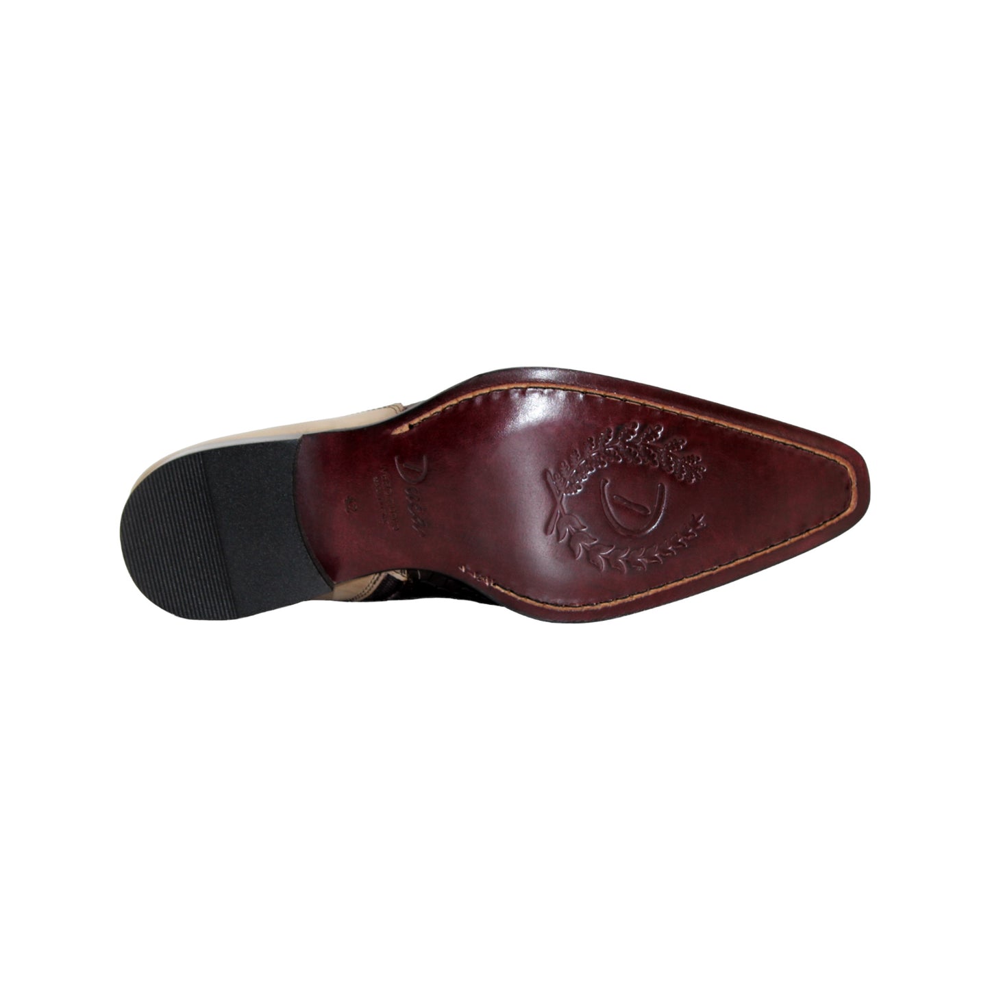 The Duca Di Matiste Duca Aprilia Chocolate/Beige is a low-heeled ankle boot with beige and dark brown crocodile-textured Italian leather on the toe and side, shown against a white background.