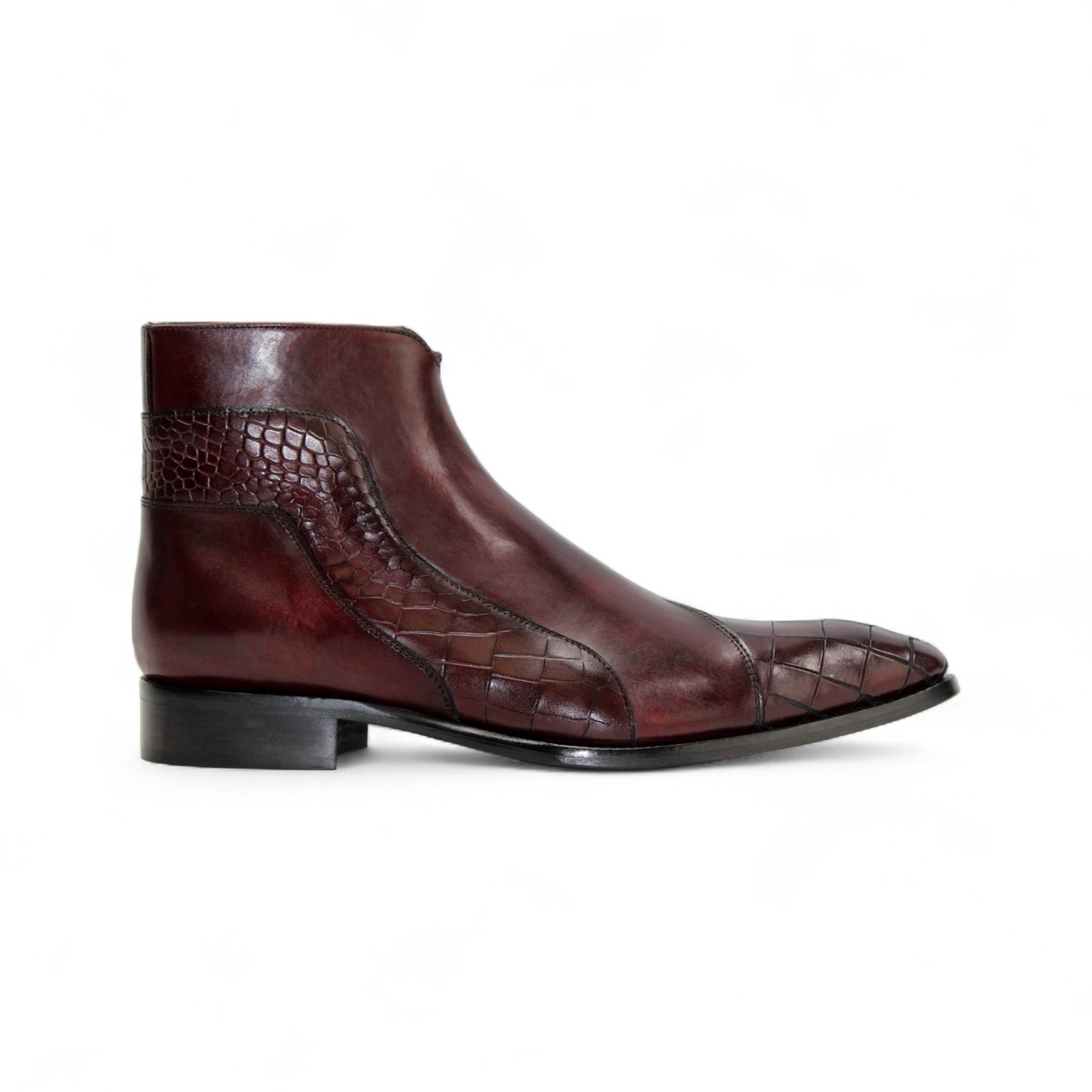The Duca Di Matiste Duca Aprilia Burgundy/Antique Red is a single burgundy ankle boot with a low heel, featuring croco embossed detailing on the side and toe, displayed against a white background.