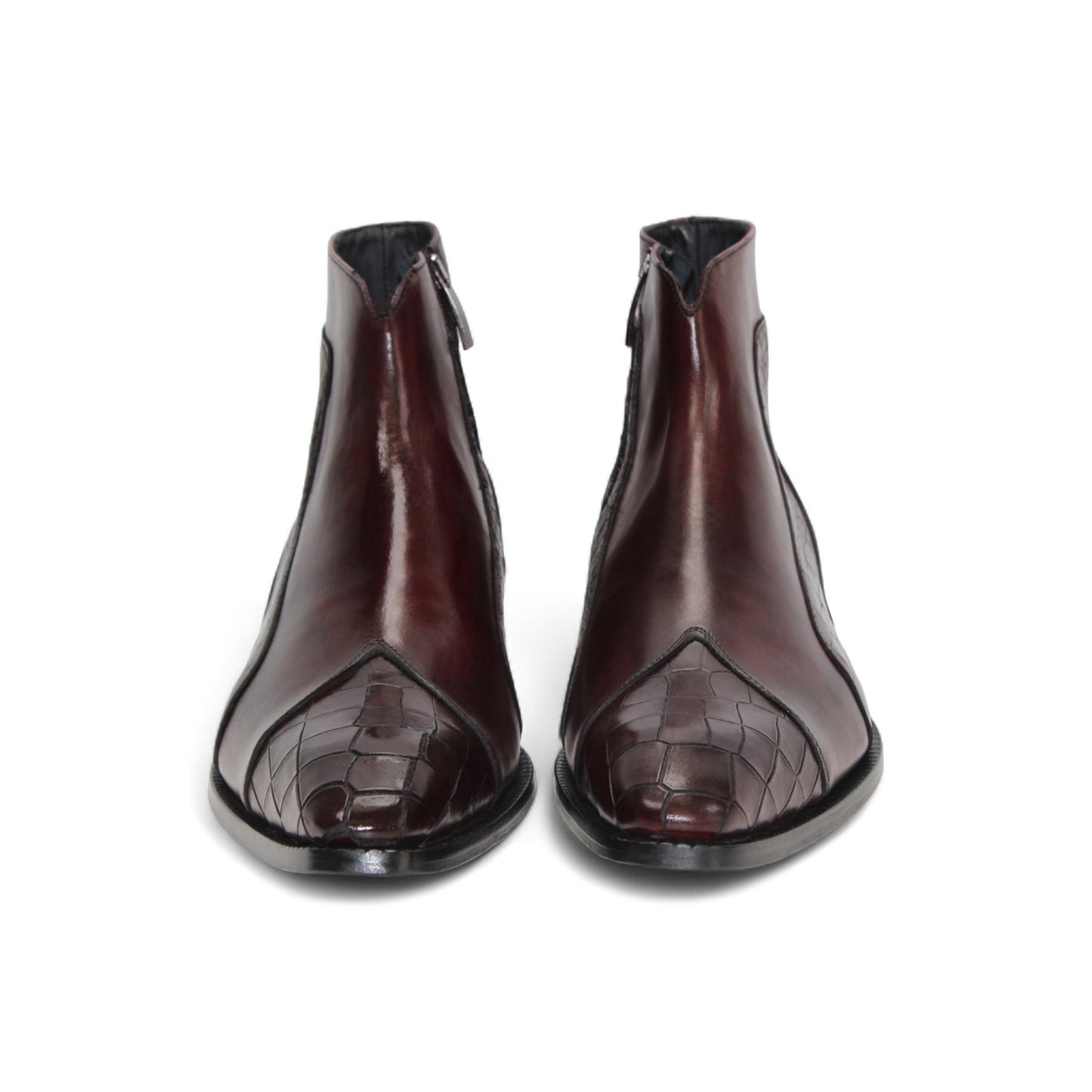 The Duca Di Matiste Duca Aprilia Burgundy/Antique Red is a single burgundy ankle boot with a low heel, featuring croco embossed detailing on the side and toe, displayed against a white background.