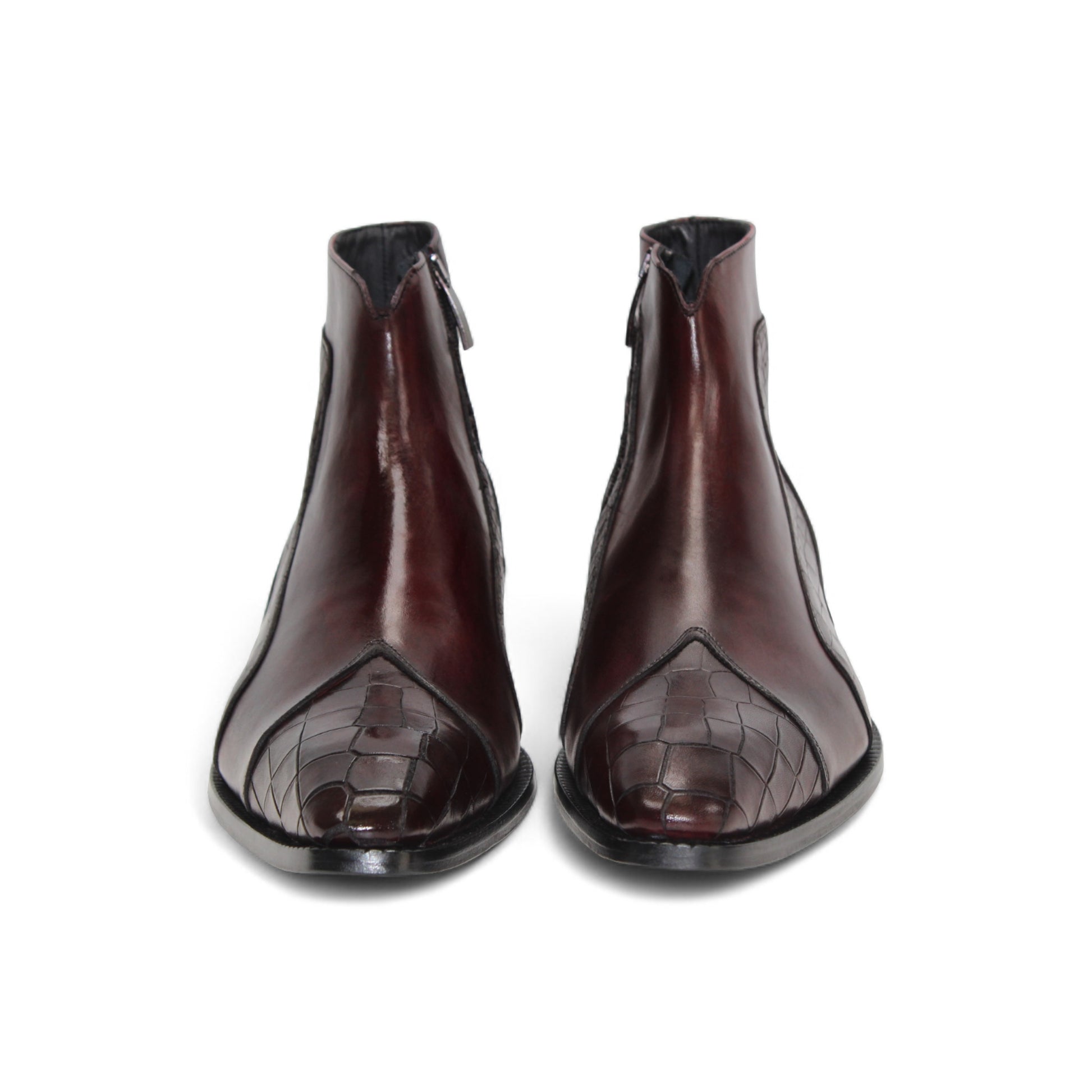 The Duca Di Matiste Duca Aprilia Burgundy/Antique Red is a single burgundy ankle boot with a low heel, featuring croco embossed detailing on the side and toe, displayed against a white background.