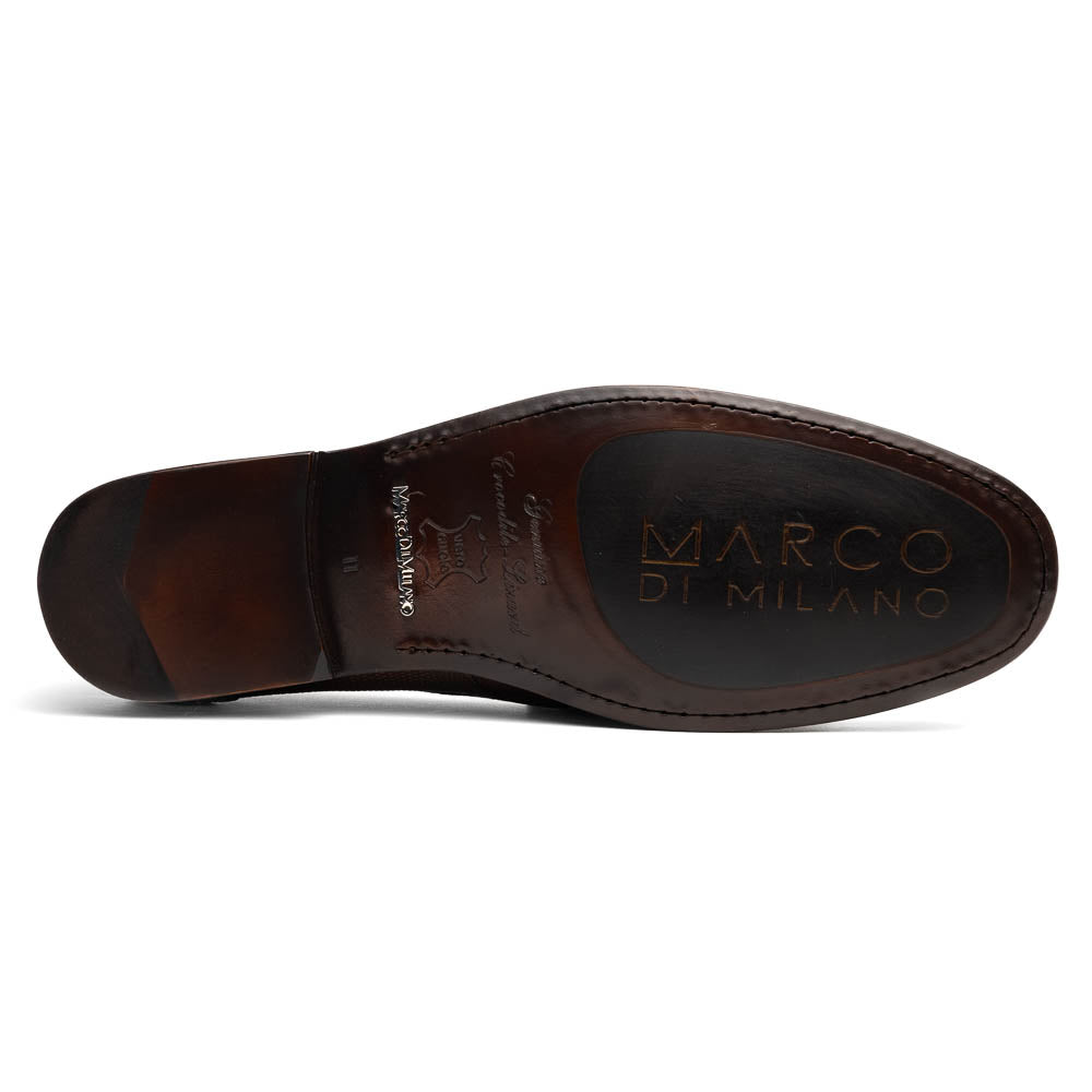 Introducing the Adro Brown by Marco Di Milano—crafted in brown leather with crocodile texture, silver buckle, red interior lining, and signature sole logo. A luxurious choice for those who value genuine exotic design.