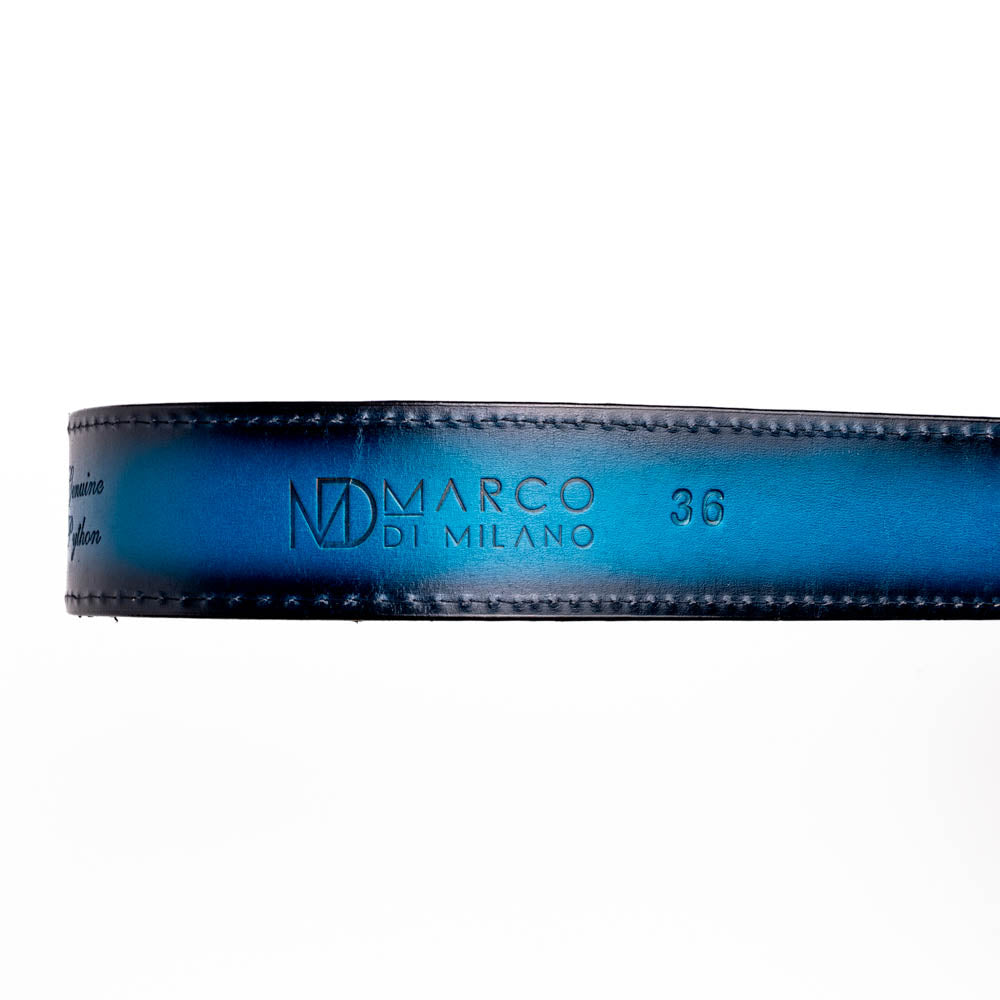 The Arkansas Belt Black / Blue by Marco Di Milano features a handcrafted black snakeskin pattern and a gold and black "MD" buckle, displayed against a white background.