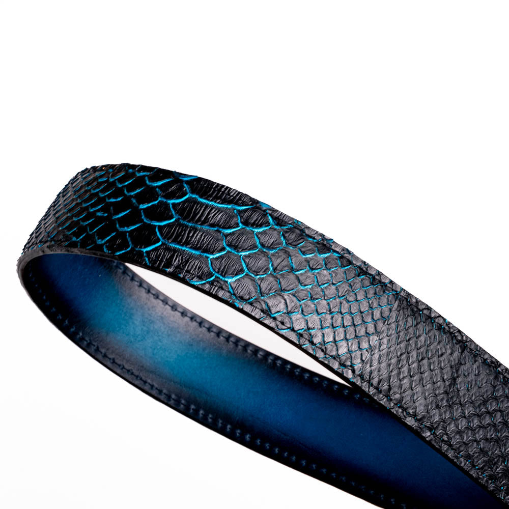 The Arkansas Belt Black / Blue by Marco Di Milano features a handcrafted black snakeskin pattern and a gold and black "MD" buckle, displayed against a white background.