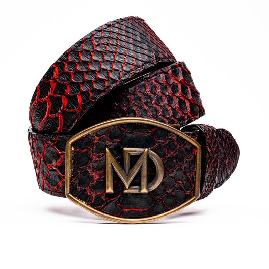 The Arkansas Belt BlackCherry by Marco Di Milano is a black and red genuine python skin western belt with a gold "MD" buckle on a white background.