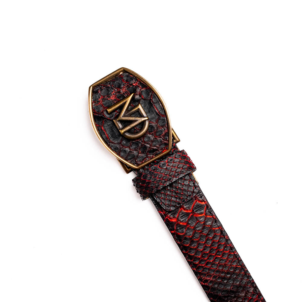 The Arkansas Belt BlackCherry by Marco Di Milano is a black and red genuine python skin western belt with a gold "MD" buckle on a white background.